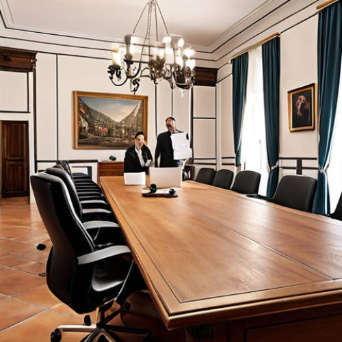 **A bustling real estate office in Italy, filled with diverse clients and agents, showcasing effective communication and negotiation during a property deal. Focus on the atmosphere of trust, transparency, and ethical professional practice. Italian style, modern, bright.**