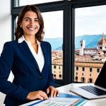 A confident professional female Italian real estate agent in a modest business suit, holding a newly acquired real estate license with a slight, hopeful smile. She stands in a sleek, modern office with large windows overlooking a vibrant, historic Italian cityscape, featuring classic architecture. A laptop on her desk displays abstract market data, indicating a blend of tradition and modernity. professional dress, fully clothed, appropriate attire, safe for work, perfect anatomy, correct proportions, natural pose, well-formed hands, proper finger count, natural body proportions, professional photography, high quality, family-friendly.