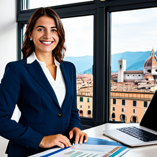 A confident professional female Italian real estate agent in a modest business suit, holding a newly acquired real estate license with a slight, hopeful smile. She stands in a sleek, modern office with large windows overlooking a vibrant, historic Italian cityscape, featuring classic architecture. A laptop on her desk displays abstract market data, indicating a blend of tradition and modernity. professional dress, fully clothed, appropriate attire, safe for work, perfect anatomy, correct proportions, natural pose, well-formed hands, proper finger count, natural body proportions, professional photography, high quality, family-friendly.