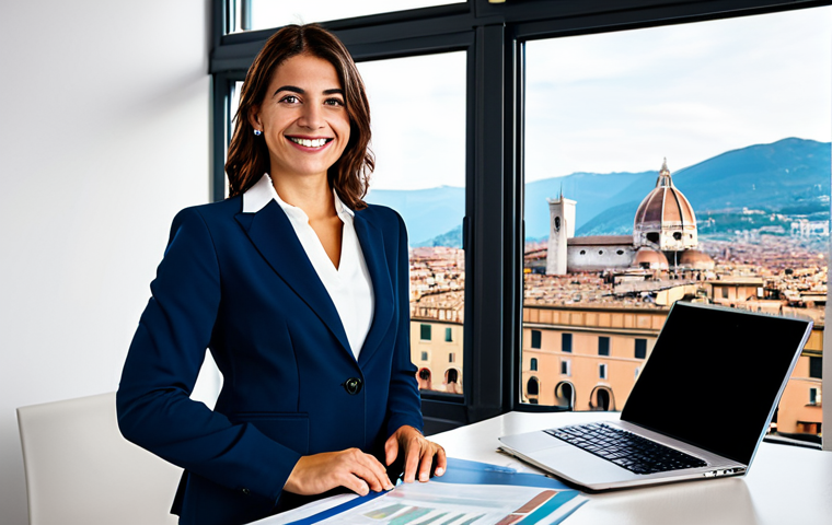 A confident professional female Italian real estate agent in a modest business suit, holding a newly acquired real estate license with a slight, hopeful smile. She stands in a sleek, modern office with large windows overlooking a vibrant, historic Italian cityscape, featuring classic architecture. A laptop on her desk displays abstract market data, indicating a blend of tradition and modernity. professional dress, fully clothed, appropriate attire, safe for work, perfect anatomy, correct proportions, natural pose, well-formed hands, proper finger count, natural body proportions, professional photography, high quality, family-friendly.