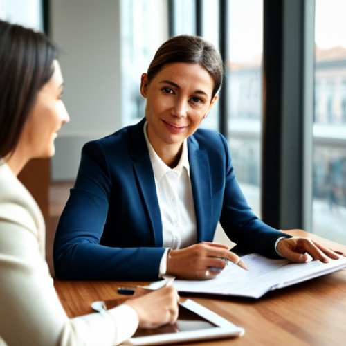 A professional female real estate agent in her 40s, wearing a modest, stylish business suit, sits across a polished wooden table from a young, diverse couple in a sunlit modern office. The agent has a warm, empathetic expression, actively listening and gesturing gently as if explaining a complex topic, while the couple looks engaged and reassured. Papers and a tablet are neatly placed on the table. The background shows blurred city life through large windows, suggesting an Italian urban setting like Milan. The scene emphasizes trust, human connection, and professional guidance. perfect anatomy, correct proportions, natural pose, well-formed hands, proper finger count, professional photography, high quality, fully clothed, appropriate attire, modest clothing, safe for work, appropriate content, family-friendly.