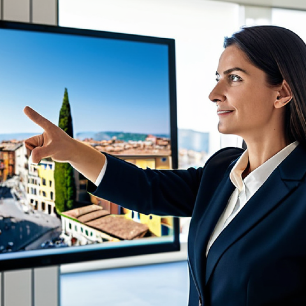 A professional Italian real estate agent, female, in a modest dark business suit, standing confidently in a modern, sunlit Italian real estate office. The agent has a warm, trustworthy expression, gesturing towards a digital property listing on a large screen, with a blurred, vibrant Italian city view through a window in the background. The scene conveys expertise and reliability. fully clothed, appropriate attire, modest clothing, safe for work, appropriate content, professional, family-friendly, perfect anatomy, correct proportions, natural pose, well-formed hands, proper finger count, natural body proportions, professional photography, high quality.