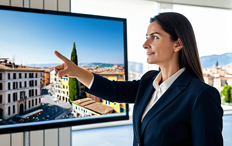 A professional Italian real estate agent, female, in a modest dark business suit, standing confidently in a modern, sunlit Italian real estate office. The agent has a warm, trustworthy expression, gesturing towards a digital property listing on a large screen, with a blurred, vibrant Italian city view through a window in the background. The scene conveys expertise and reliability. fully clothed, appropriate attire, modest clothing, safe for work, appropriate content, professional, family-friendly, perfect anatomy, correct proportions, natural pose, well-formed hands, proper finger count, natural body proportions, professional photography, high quality.