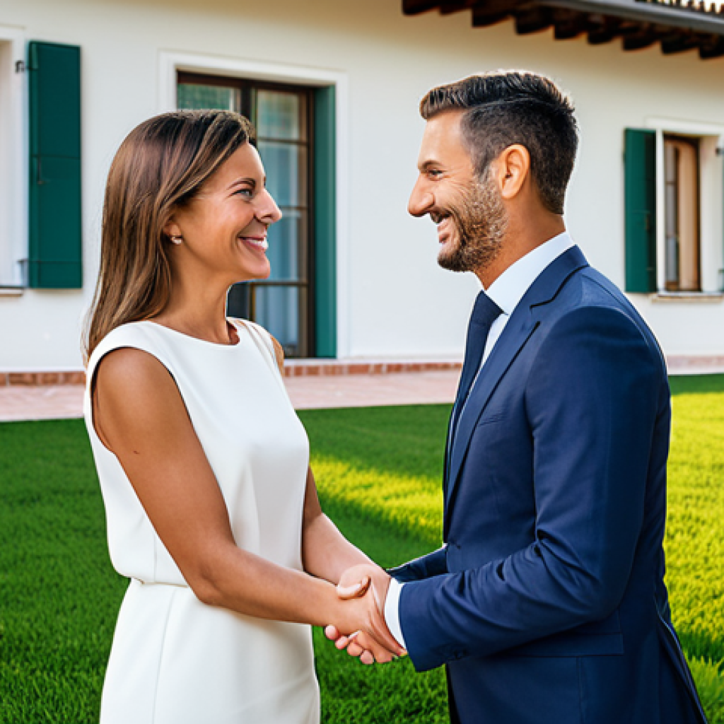 **

"A professional real estate agent in a modest business suit, shaking hands with a smiling client in front of a modern Italian villa, appropriate attire, fully clothed, safe for work, perfect anatomy, natural pose, well-formed hands, family-friendly, professional real estate photography, high quality, bright lighting."

**