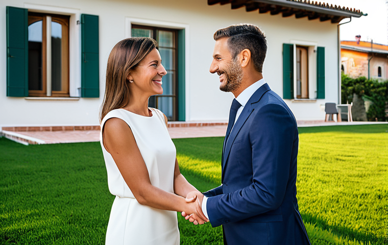 **

"A professional real estate agent in a modest business suit, shaking hands with a smiling client in front of a modern Italian villa, appropriate attire, fully clothed, safe for work, perfect anatomy, natural pose, well-formed hands, family-friendly, professional real estate photography, high quality, bright lighting."

**