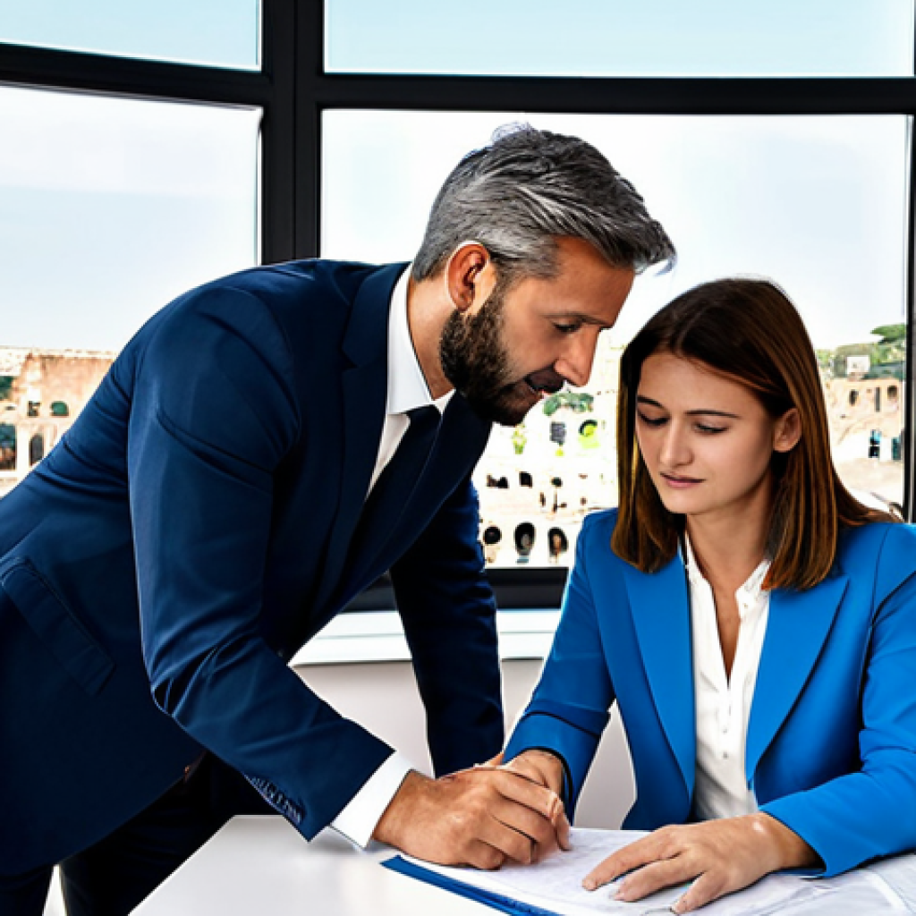 **

"A professional real estate agent, fully clothed in a smart business suit, consulting with a young couple in a bright, modern office in Rome, Italy. The office has large windows overlooking the Colosseum. They are reviewing property documents. Perfect anatomy, correct proportions, natural pose, well-formed hands, proper finger count, professional setting, safe for work, appropriate content, fully clothed, professional."

**