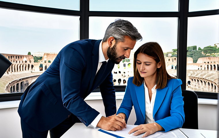 **

"A professional real estate agent, fully clothed in a smart business suit, consulting with a young couple in a bright, modern office in Rome, Italy. The office has large windows overlooking the Colosseum. They are reviewing property documents. Perfect anatomy, correct proportions, natural pose, well-formed hands, proper finger count, professional setting, safe for work, appropriate content, fully clothed, professional."

**