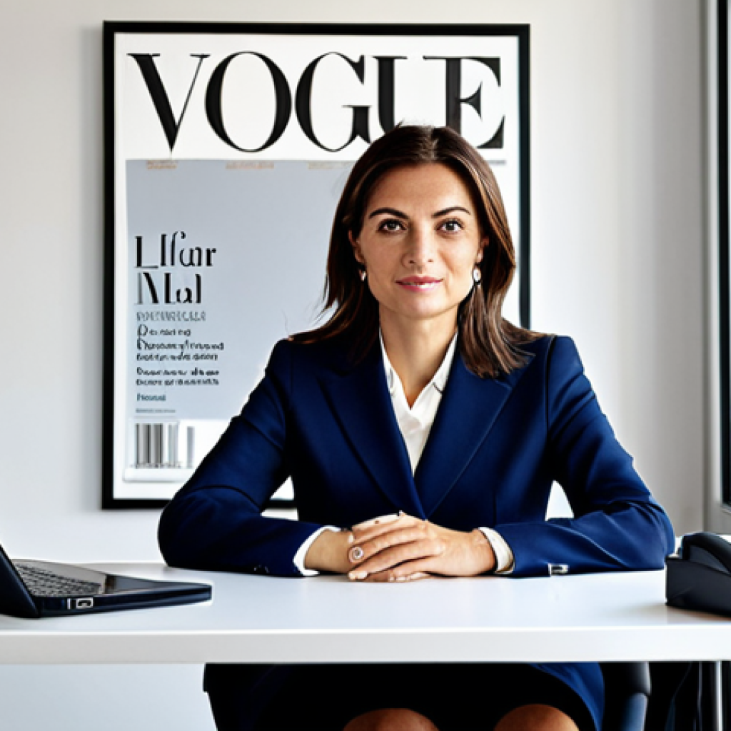 Modern Office Scene**

"A professional businesswoman in a modest business suit, sitting at a desk in a modern office in Milan, Italy, fully clothed, appropriate attire, safe for work, perfect anatomy, natural proportions, professional photography, high quality, desk with Italian Vogue magazine, professional, family-friendly."

**