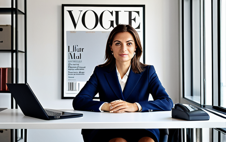 Modern Office Scene**

"A professional businesswoman in a modest business suit, sitting at a desk in a modern office in Milan, Italy, fully clothed, appropriate attire, safe for work, perfect anatomy, natural proportions, professional photography, high quality, desk with Italian Vogue magazine, professional, family-friendly."

**