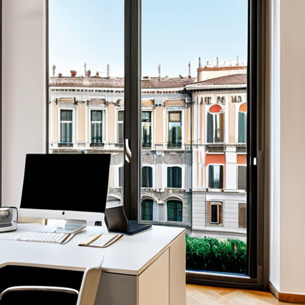Modern Real Estate Agency Office**

"A brightly lit, modern real estate agency office in Milan, Italy.  Professional agents in business casual attire are consulting with clients.  Desks are neat and organized, with property brochures and computer screens displaying elegant apartments.  Large windows offer a view of the vibrant city.  Safe for work, appropriate content, fully clothed, professional, high quality, perfect anatomy, correct proportions, well-formed hands, natural body proportions. Family-friendly."

**