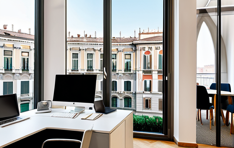 Modern Real Estate Agency Office**

"A brightly lit, modern real estate agency office in Milan, Italy.  Professional agents in business casual attire are consulting with clients.  Desks are neat and organized, with property brochures and computer screens displaying elegant apartments.  Large windows offer a view of the vibrant city.  Safe for work, appropriate content, fully clothed, professional, high quality, perfect anatomy, correct proportions, well-formed hands, natural body proportions. Family-friendly."

**