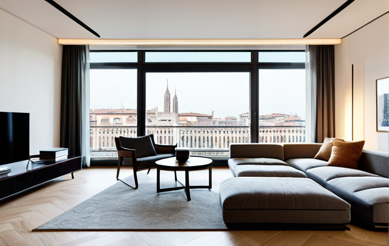 Modern Milan Apartment**

"A bright, airy living room in a modern apartment in Milan, Italy. Floor-to-ceiling windows overlooking a bustling cityscape. Minimalist furniture, warm lighting, tasteful decor. Safe for work, appropriate content, fully clothed models enjoying the space. Professional interior design photography, high quality, perfect anatomy, natural proportions."

**
