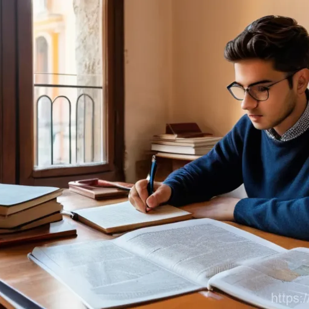 공인중개사 시험 대비 자료 분석과 활용 사례 - **Prompt:** A young, focused Italian student, dressed in comfortable yet neat casual wear, is dilige...