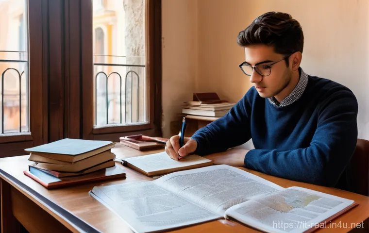 공인중개사 시험 대비 자료 분석과 활용 사례 - **Prompt:** A young, focused Italian student, dressed in comfortable yet neat casual wear, is dilige...