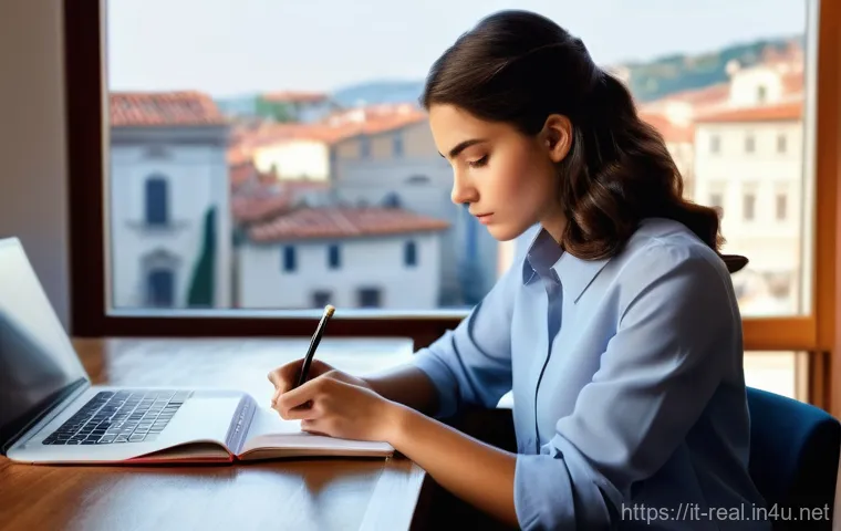 공인중개사 시험 성공 사례 인터뷰 - **Prompt 1: Focused Preparation for Success**
    "A diligent young Italian woman, dressed in smart ...