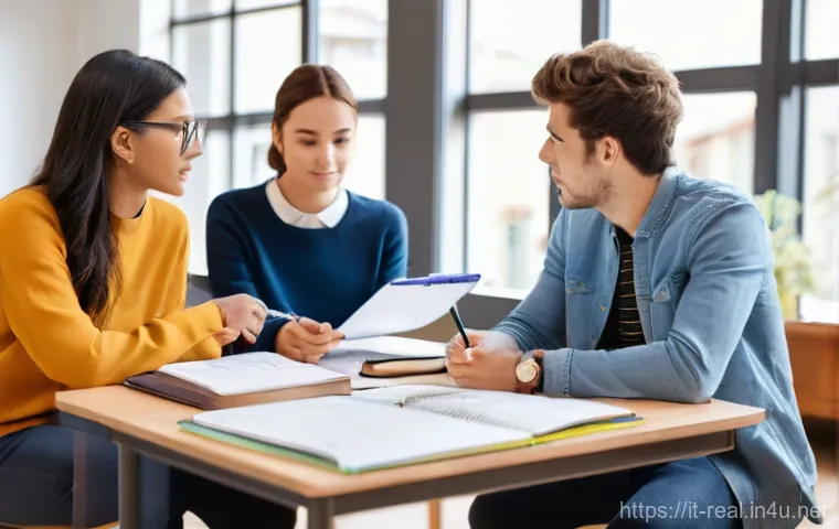공인중개사 시험 대비 스터디 그룹 만들기 - **Prompt 1: Collaborative Study Session for Real Estate Exam**
A diverse group of four young adu...