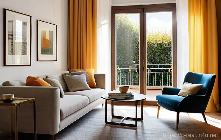 공인중개사 부동산 광고 사례 분석 - **Prompt:** A cozy, brightly lit living room in a modern Italian apartment, showcasing elegant, mini...