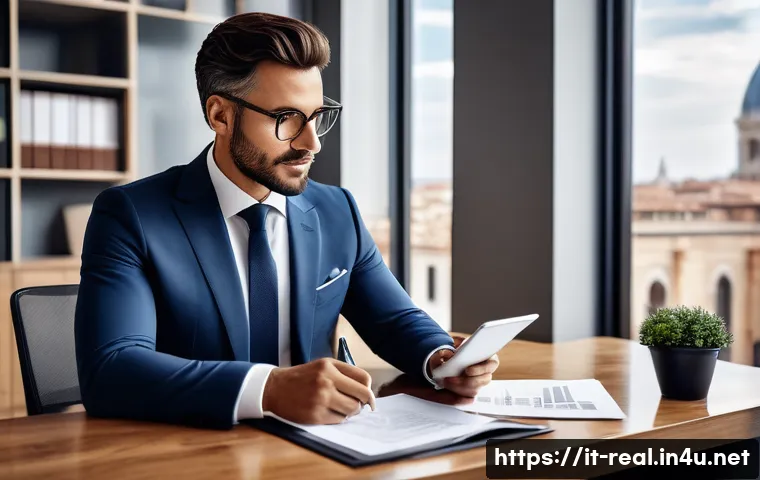 공인중개사 자격증과 부동산 자산 관리사 - A professional real estate agent in a modern Italian urban setting, dressed in smart business attire...