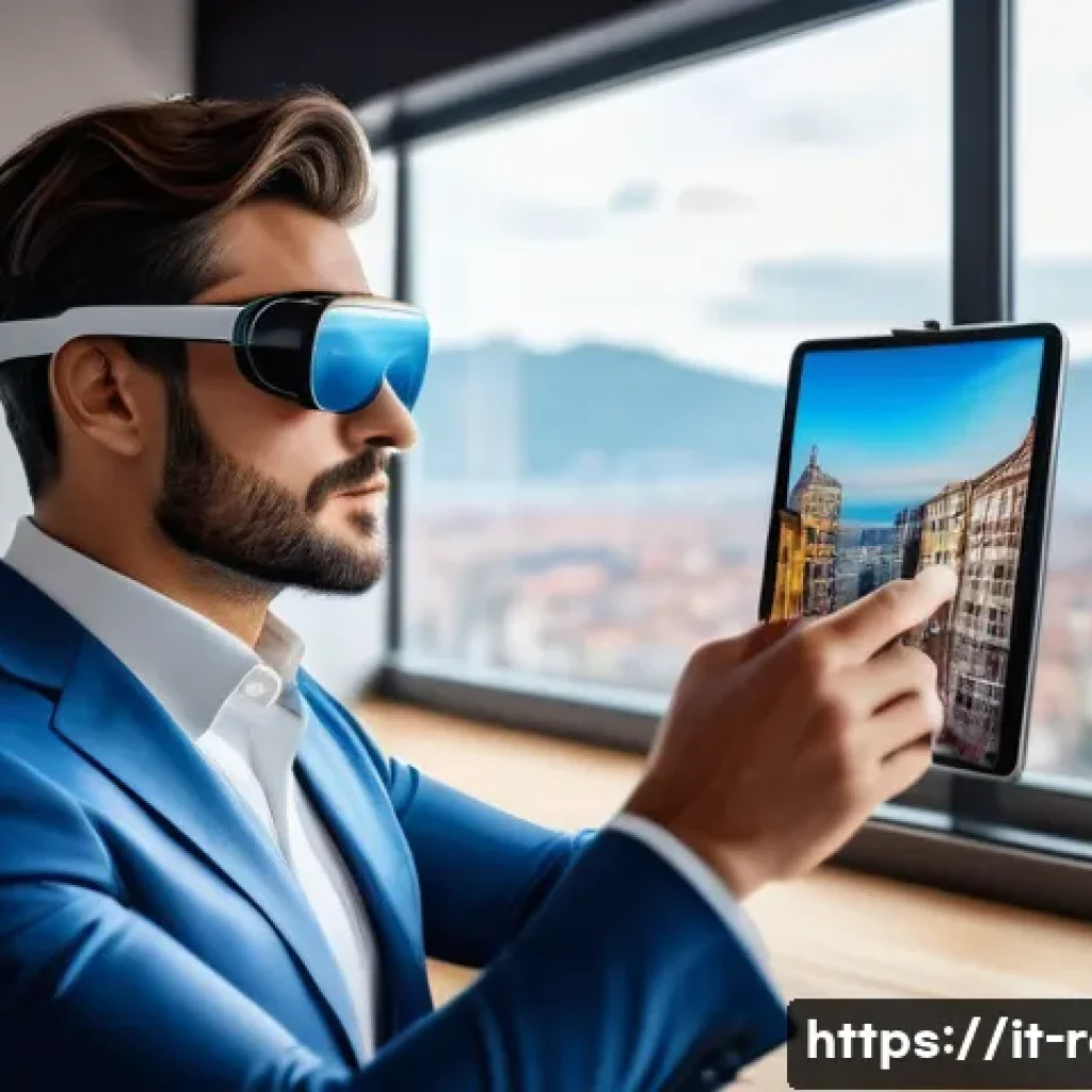공인중개사 부동산 관련 최신 기술 사례 연구 - A futuristic real estate agent using augmented reality glasses to showcase an Italian apartment, wit...