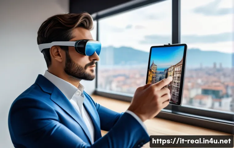 공인중개사 부동산 관련 최신 기술 사례 연구 - A futuristic real estate agent using augmented reality glasses to showcase an Italian apartment, wit...