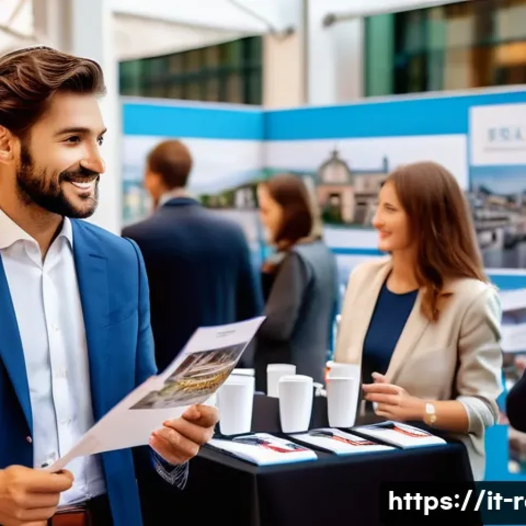 공인중개사 브랜딩 성공 사례 - A professional Italian real estate agent engaging with clients at a local property fair in Milan, dr...