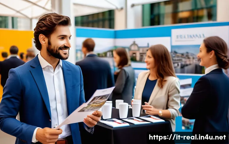 공인중개사 브랜딩 성공 사례 - A professional Italian real estate agent engaging with clients at a local property fair in Milan, dr...