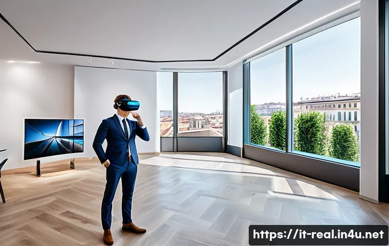 공인중개사와 스마트 부동산 시장의 연결성 - A modern Italian real estate agent showcasing a luxury apartment using a virtual reality headset, su...
