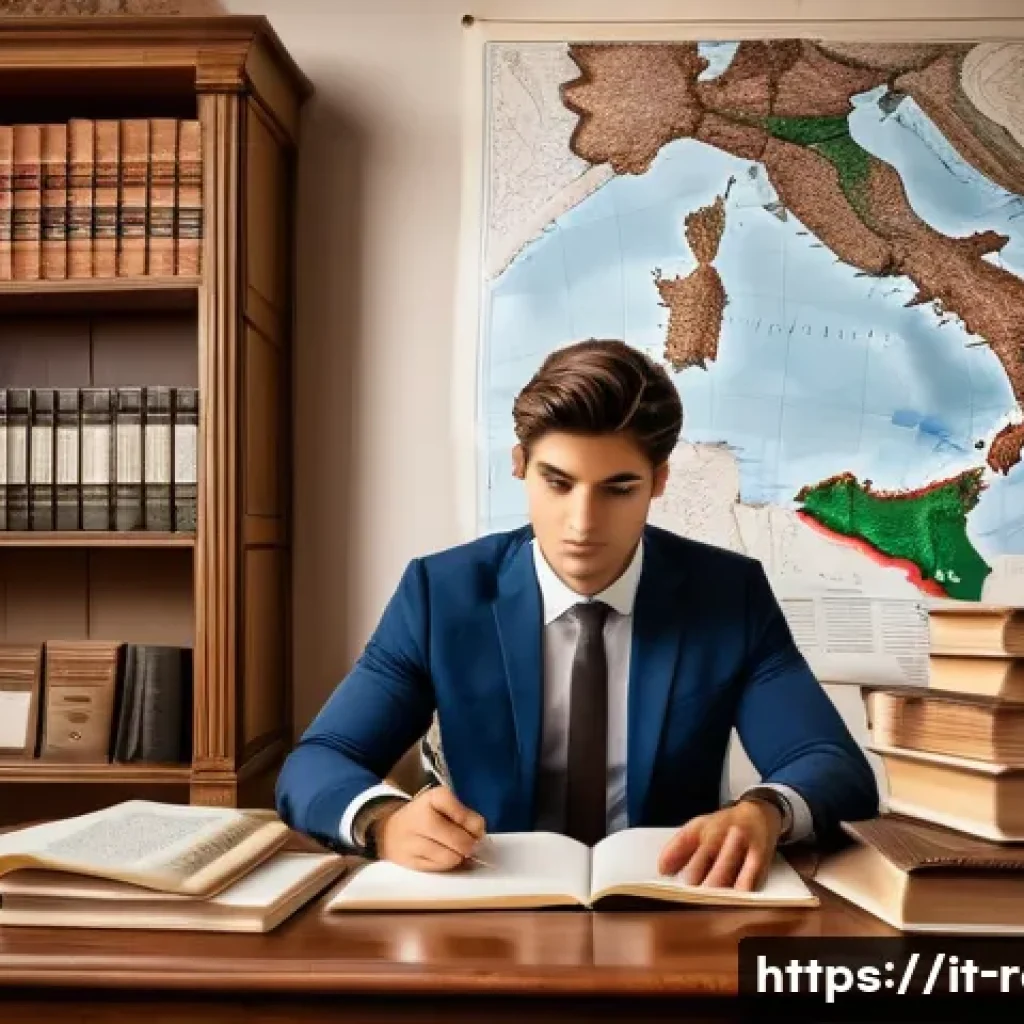 공인중개사 시험 과목별 기출문제 분석 - A detailed illustration of a professional real estate law study session in an Italian-style home off...