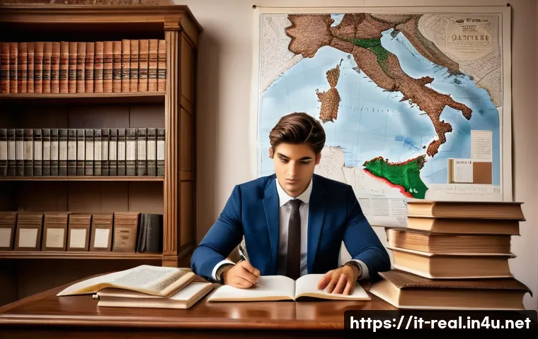 공인중개사 시험 과목별 기출문제 분석 - A detailed illustration of a professional real estate law study session in an Italian-style home off...