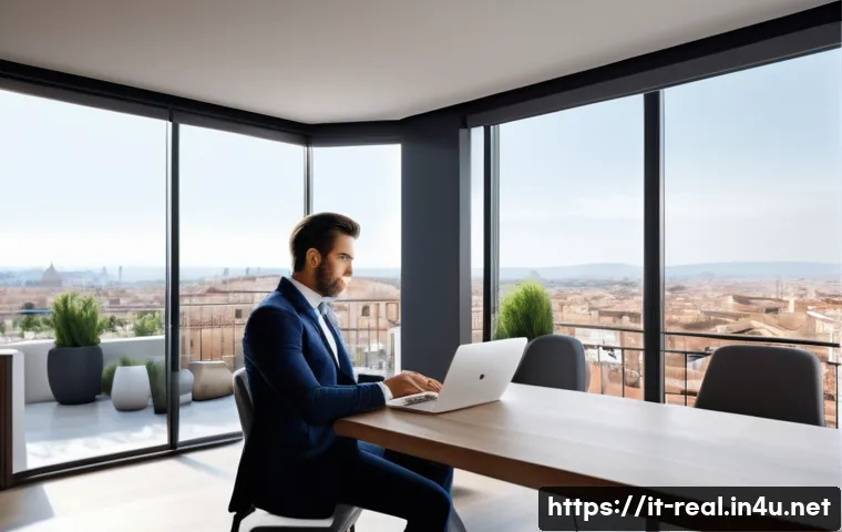 공인중개사와 부동산 중개 기법 분석 - A modern real estate agent working in a sleek Italian office, using multiple digital devices such as...