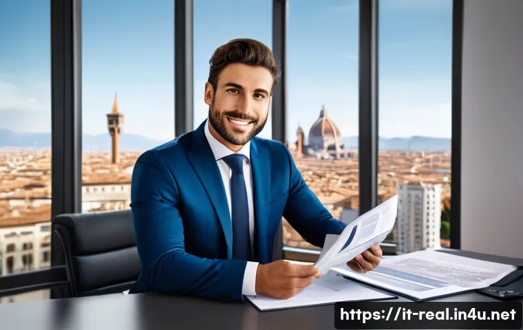 공인중개사 자격증의 자격 조건 분석 - A professional Italian real estate agent in a modern office setting, dressed in business attire with...