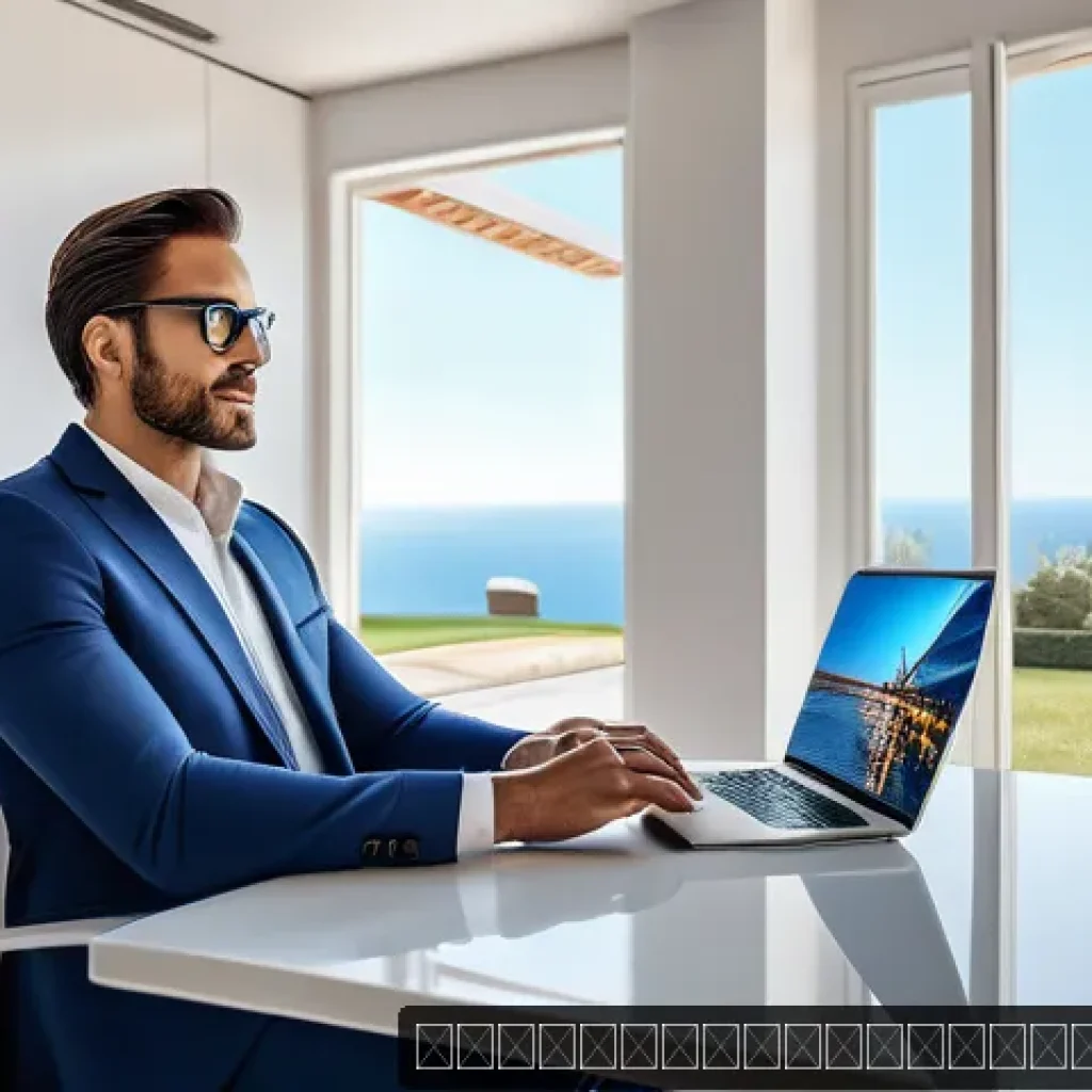 공인중개사와 지역 부동산 시장 트렌드 연구 - A modern real estate agent conducting a virtual property tour on a sleek laptop in a bright, stylish...