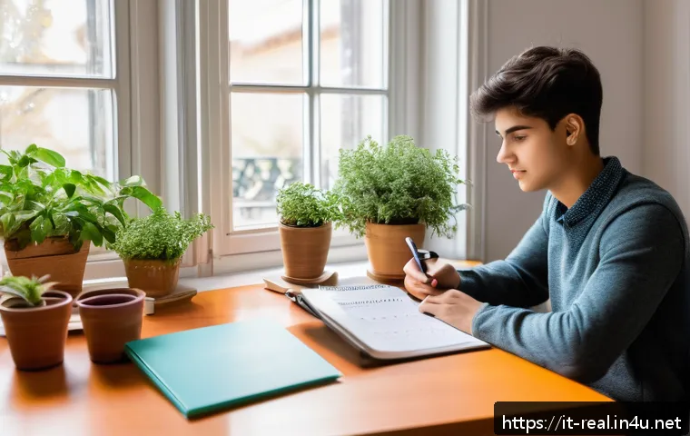 공인중개사 시험 준비와 관련된 유용한 팁 - A focused Italian student sitting at a wooden desk in a bright, cozy study room, surrounded by neatl...