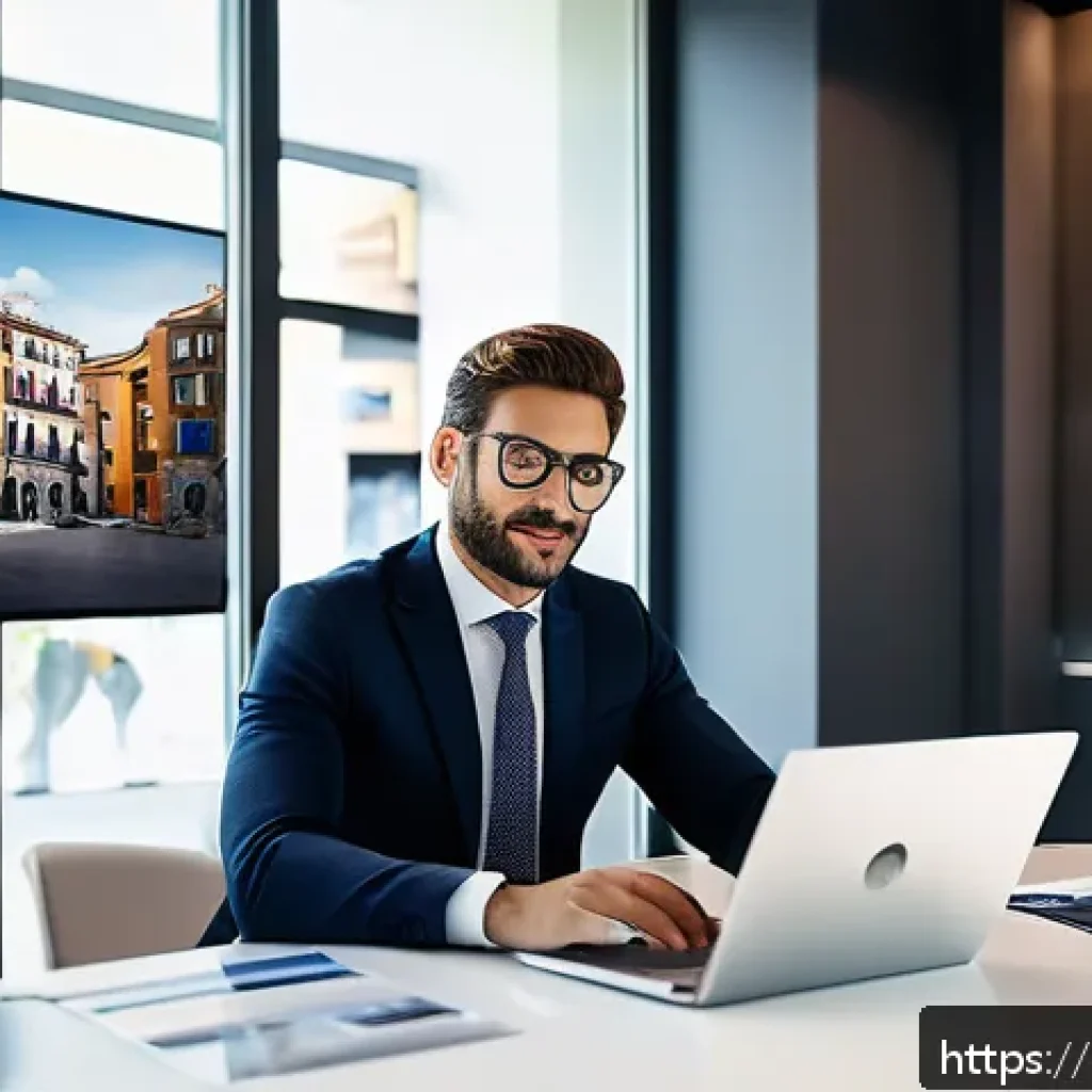 공인중개사 부동산 중개 플랫폼 활용 사례 - A modern real estate agent in a sleek, contemporary Italian office, working on a laptop with multipl...