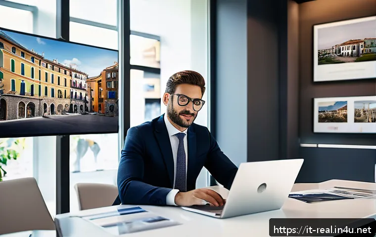 공인중개사 부동산 중개 플랫폼 활용 사례 - A modern real estate agent in a sleek, contemporary Italian office, working on a laptop with multipl...
