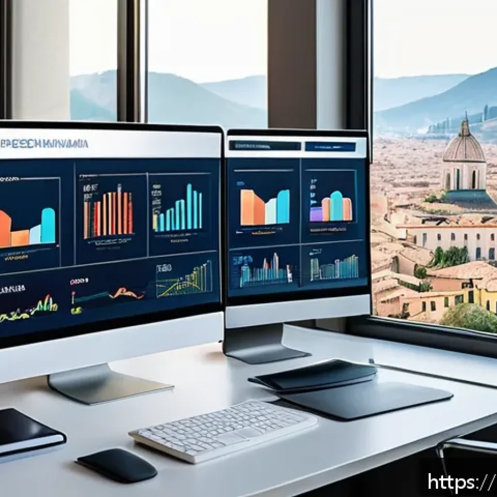 공인중개사 부동산 관련 최신 이슈 - A modern real estate agent’s office in Italy showcasing a sleek digital dashboard on multiple screen...