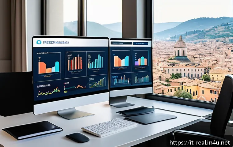 공인중개사 부동산 관련 최신 이슈 - A modern real estate agent&rsquo;s office in Italy showcasing a sleek digital dashboard on multiple screen...