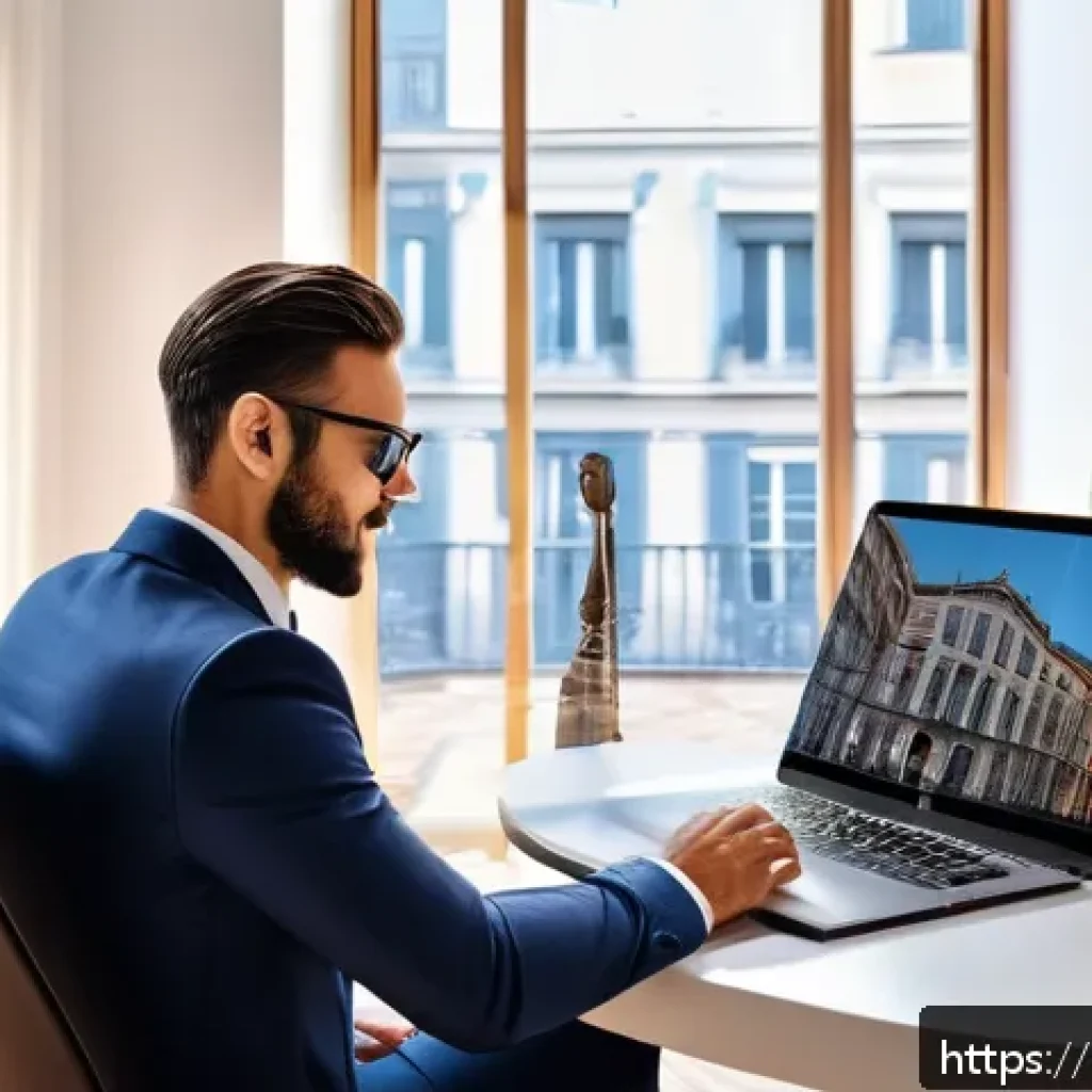 공인중개사 부동산 마케팅 사례 분석 - A modern Italian real estate agent hosting a virtual home tour on a sleek laptop, showcasing a high-...