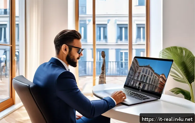 공인중개사 부동산 마케팅 사례 분석 - A modern Italian real estate agent hosting a virtual home tour on a sleek laptop, showcasing a high-...