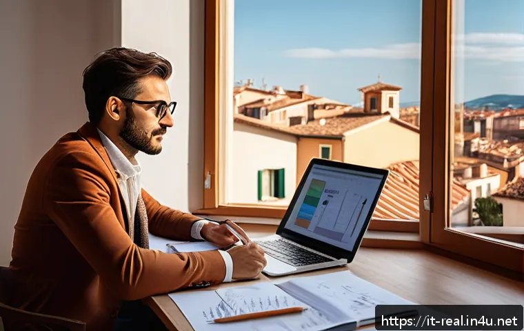 공인중개사 시험을 위한 유튜브 강의 추천 - A focused Italian real estate agent candidate studying at a modern desk in a bright, cozy apartment ...