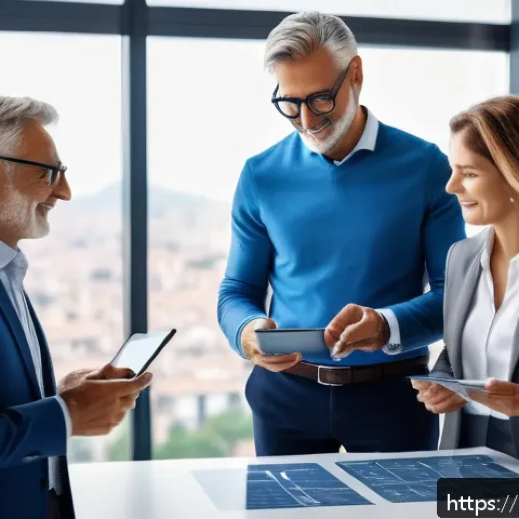 공인중개사와 부동산 관련 정책 변화의 사회적 영향 분석 - A modern Italian real estate agent consulting with a middle-aged couple inside a bright office, show...