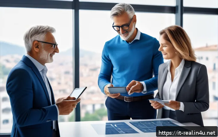 공인중개사와 부동산 관련 정책 변화의 사회적 영향 분석 - A modern Italian real estate agent consulting with a middle-aged couple inside a bright office, show...