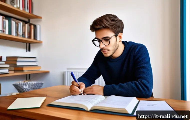 공인중개사 시험 대비 모의고사 시험지 공유 - A focused Italian student studying at a wooden desk in a cozy home office, surrounded by open textbo...