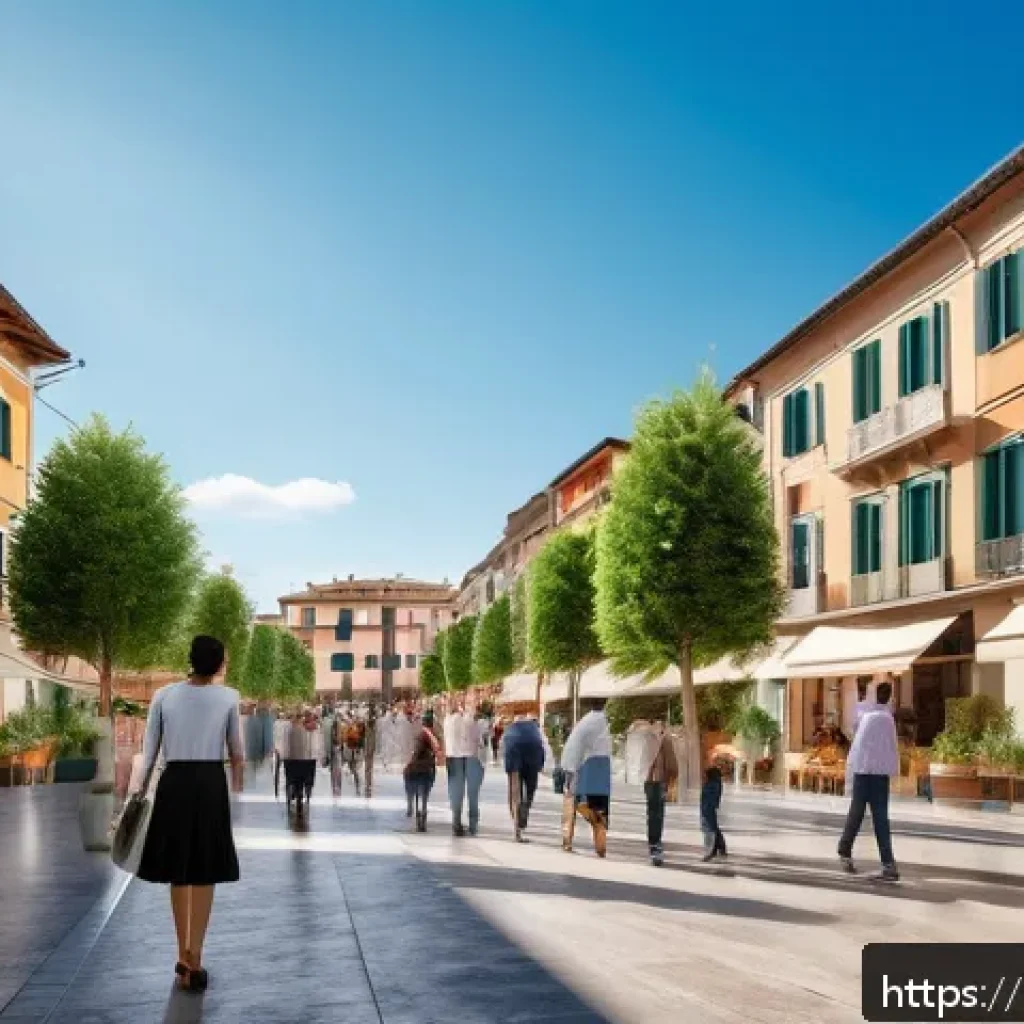 공인중개사 부동산 매물 관리 요령 - A modern Italian urban neighborhood scene showcasing emerging districts with new residential buildin...
