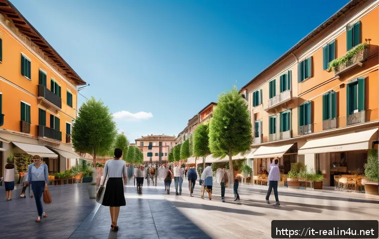 공인중개사 부동산 매물 관리 요령 - A modern Italian urban neighborhood scene showcasing emerging districts with new residential buildin...
