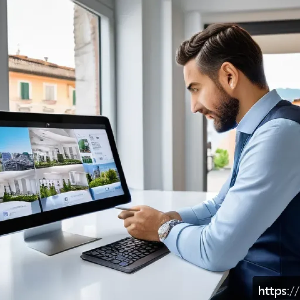 공인중개사와 부동산 관련 정책 변화 대응 사례 - A modern Italian real estate agent’s office with digital tools prominently displayed: multiple scree...