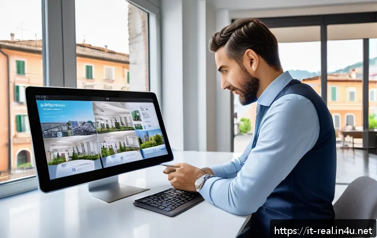 공인중개사와 부동산 관련 정책 변화 대응 사례 - A modern Italian real estate agent&rsquo;s office with digital tools prominently displayed: multiple scree...