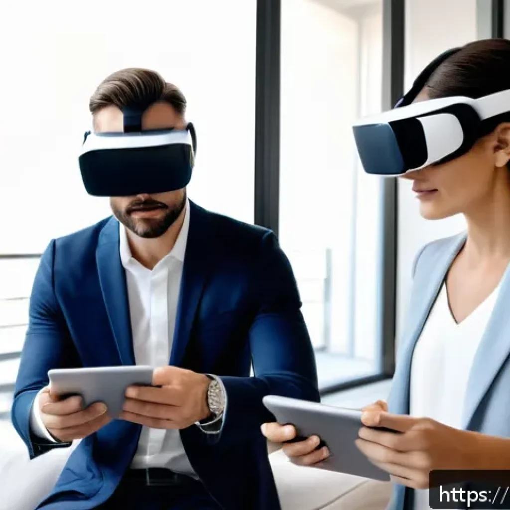공인중개사 자격증을 활용한 부동산 연구 - A modern Italian real estate agent using virtual reality headset and digital tablets inside a stylis...