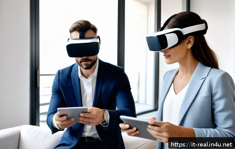 공인중개사 자격증을 활용한 부동산 연구 - A modern Italian real estate agent using virtual reality headset and digital tablets inside a stylis...