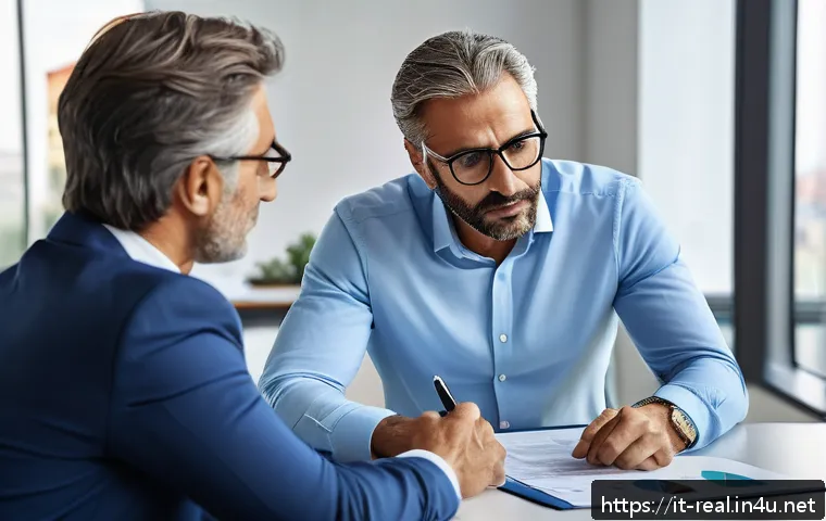 공인중개사와 부동산 거래 분쟁 해결 사례 - A professional real estate agent mediating a dispute between two middle-aged Italian clients in a mo...